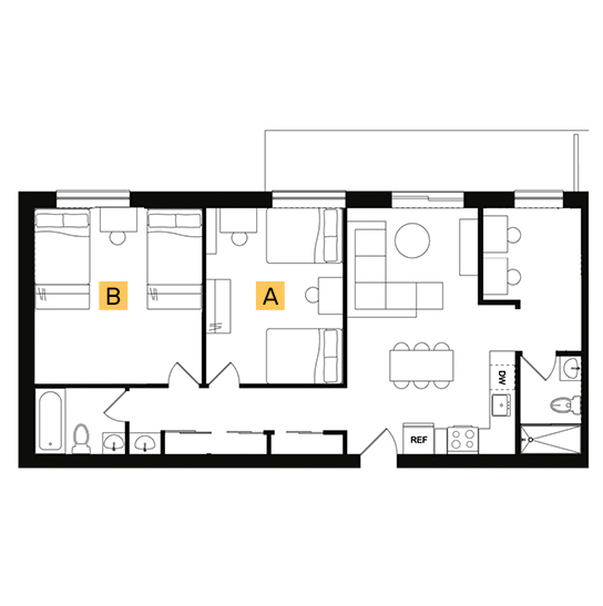 Cedarbrook 2x2 2x2 Den - Balcony floor plan